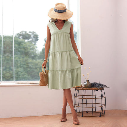 Women's Solid Color Sleeveless Cotton And Linen Dress