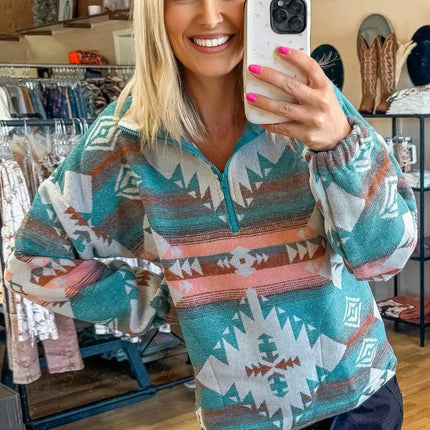 Green Quarter Zip Elastic Cuffs Aztec Sweatshirt
