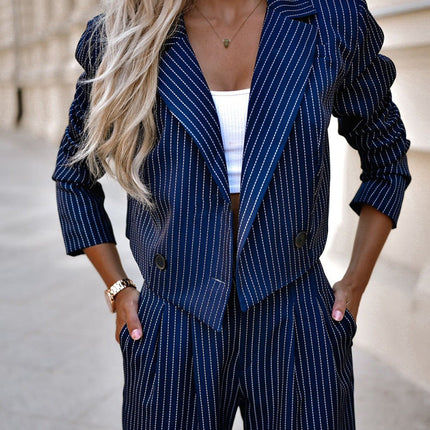 Women's Spring Fashion Striped Suits Casual Lapel Long Sleeve Cropped Top And Straight Pants Outfits Women's Clothing