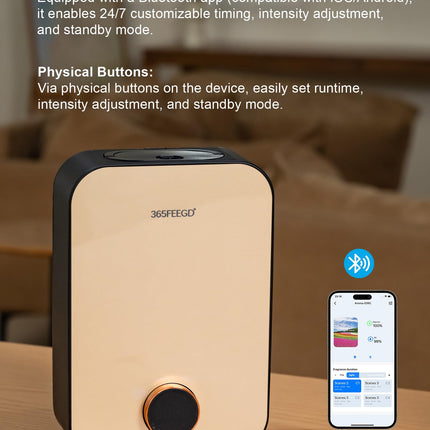 365FEEGD Home Diffuser 150ml – Bluetooth Control, 24/7 Customizable Settings (Black Gold)