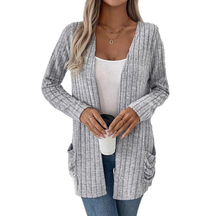 Solid Color Pocket Long Sleeve Bottoming Cardigan Knitwear