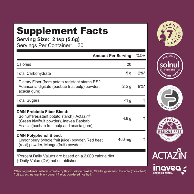 38TERA DMN Daily Microbiome Nutrition | Plant-Based Fiber Powder with 3 Prebiotics, Low FODMAP, Vegan, Wild Berry