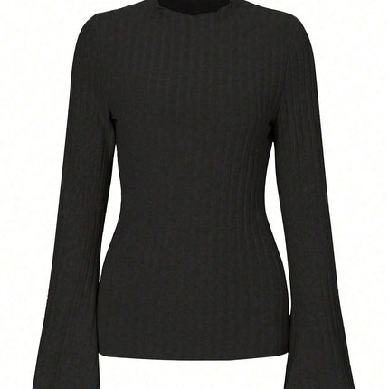 Long Sleeve Round Neck Brushed Sunken Stripe Solid Color Slim Fit Top