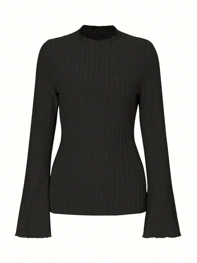 Long Sleeve Round Neck Brushed Sunken Stripe Solid Color Slim Fit Top