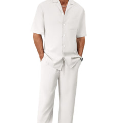 Men's Trousers Suit Fashion Lapel Button Short Sleeve Shirt And Pocket Straight Pants Clothing