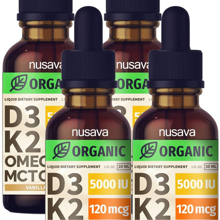 NUSAVA 4 Pack Organic Vitamin D3 K2 Drops with MCT Oil – 5000 IU, Vanilla