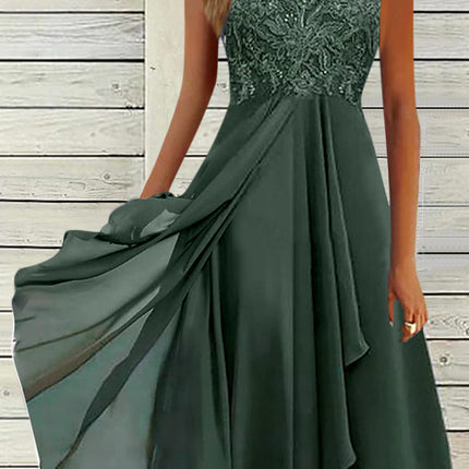 Women's Sleeveless Stitching Lace Hollow-out Chiffon Dress