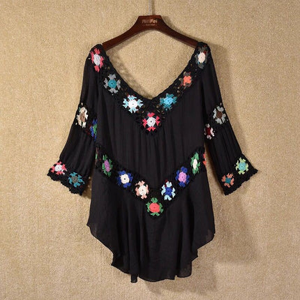 Amazon AliExpress Hot Selling Product Boho Hollow Out Hand Crocheting Flower Bikini Loose Beach Cover-up