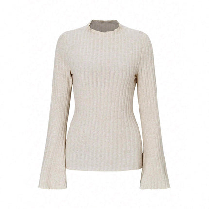 Long Sleeve Round Neck Brushed Sunken Stripe Solid Color Slim Fit Top