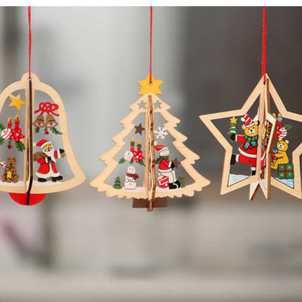 Christmas tree small pendant wooden five-pointed star bell pendant gift Christmas decoration wooden