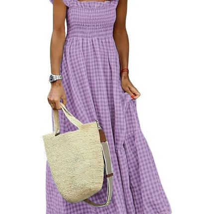 Summer Plaid Print Pleated Ruffle Dress INS Fashion Sleeveless A-line Swing Beach Dress Women's Clothing