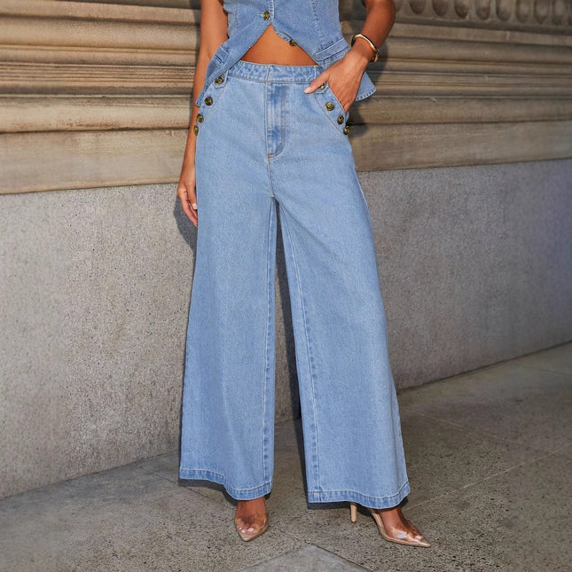 Denim Vest Suits Fashion Sleeveless Button Tops And Wide Leg Straight Pants With Pockets Women's Trousers Set