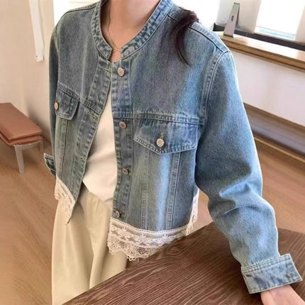 Retro Washed Small Stand Collar Lace Stitching Loose Casual Denim Coat Women's Short