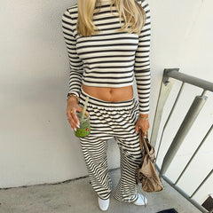 Round Neck Striped Long Sleeve Straight-leg Trousers Suit Women