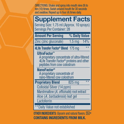 4Life Transfer Factor Immune Spray – Zinc, Marshmallow Root & Colloidal Silver – Orange 1.7 oz