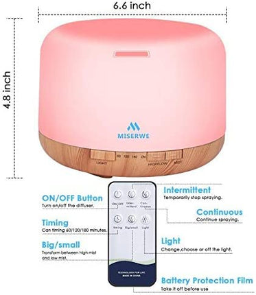 500ml Diffuser with Remote — Waterless Auto Shut Off, Timing Modes, 7-Color Lights
