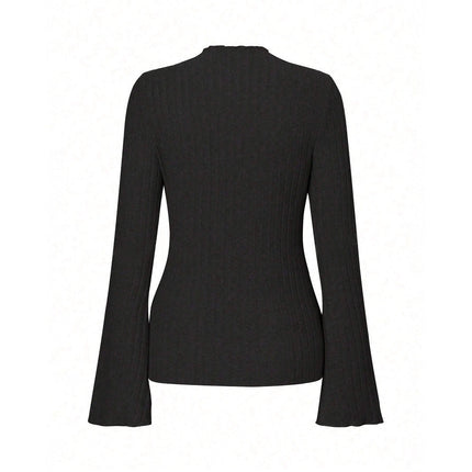 Long Sleeve Round Neck Brushed Sunken Stripe Solid Color Slim Fit Top