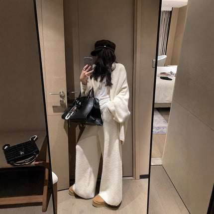 Knitted Women's Loose Sweater Cardigan Wide Leg Pants Two-piece Set