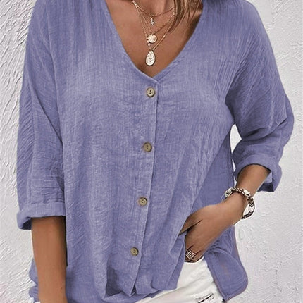 V-neck Long-sleeved T-shirt Fashion Solid Color Button Top Casual Loose Clothing For Women