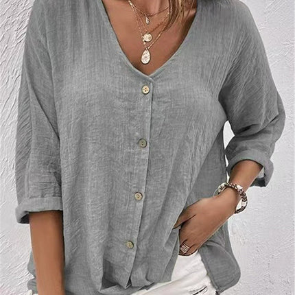 V-neck Long-sleeved T-shirt Fashion Solid Color Button Top Casual Loose Clothing For Women