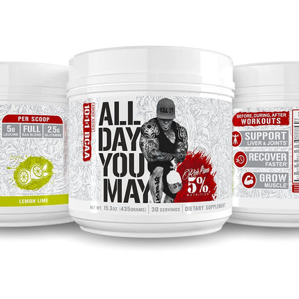 5% Nutrition Rich Piana AllDayYouMay BCAA Powder | Intra & Post-Workout Aminos, Hydration & Endurance – Lemon Lime, 15.3 oz