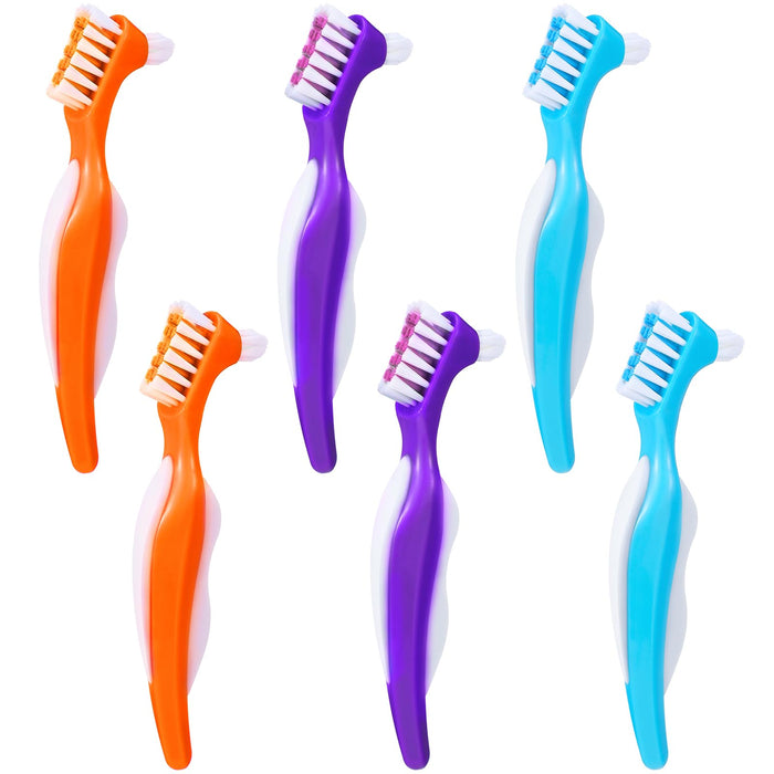 6 Pack Denture Cleaning Brush Dual Head – Angled, Portable Nylon Bristle Toothbrush (Blue/Orange/Purple)