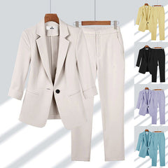 2pcs Casual Blazer Set Solid Color Lapel Single-breasted Jacket And Zipper Straight Pants Women's Office Business Suit