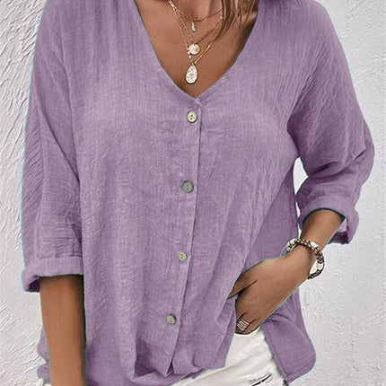 V-neck Long-sleeved T-shirt Fashion Solid Color Button Top Casual Loose Clothing For Women