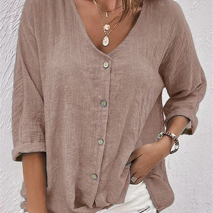 V-neck Long-sleeved T-shirt Fashion Solid Color Button Top Casual Loose Clothing For Women