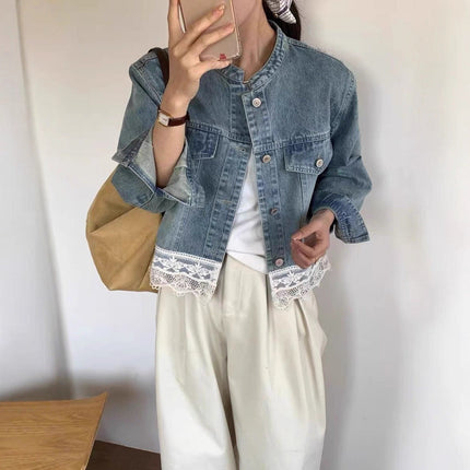 Retro Washed Small Stand Collar Lace Stitching Loose Casual Denim Coat Women's Short