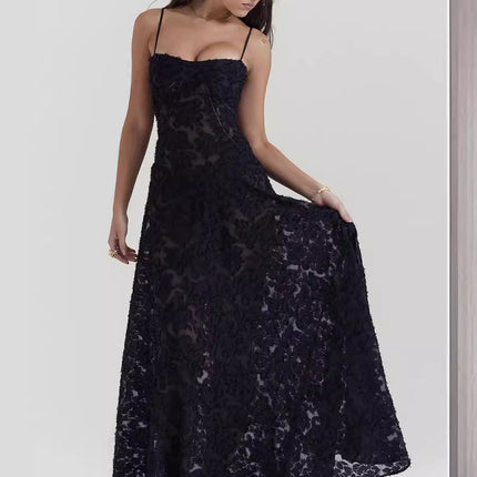 Sexy Flowers Lace Suspender Dress Summer Fashion Slim Back Lace-up Long Dresses Party Evening Club Clothing For Women