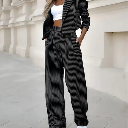 Women's Spring Fashion Striped Suits Casual Lapel Long Sleeve Cropped Top And Straight Pants Outfits Women's Clothing