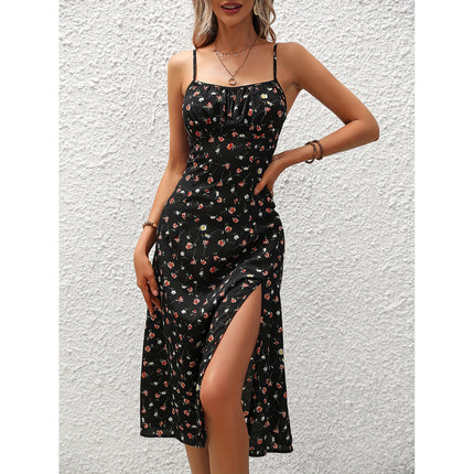 New Polka Dot Print Suspender Dress Summer Sexy Split Long Dresses For Womens Clothing