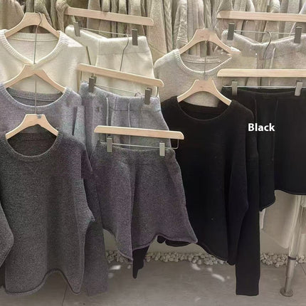 Loose-fitting Long Sleeve Sweater Knitted Wide Leg Shorts Two-piece Set