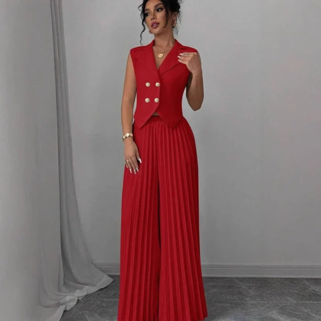 Summer Sleeveless Suit Fashion Lapel Button Vest Top And Pleated Straight Pants Women's Trousers Set Clothing