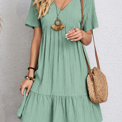 V-neck Short Sleeve Dress Summer Fashion Casual Loose Ruffled Dresses Beach Clothing Women