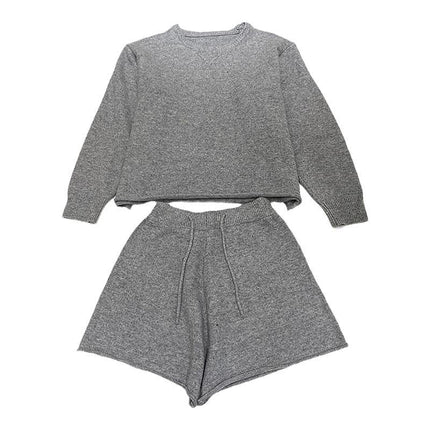 Loose-fitting Long Sleeve Sweater Knitted Wide Leg Shorts Two-piece Set