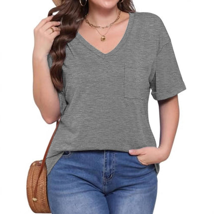 Loose Casual V-neck Pocket Solid Color Short Sleeve T-shirt