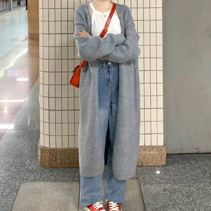 Women's Mid-length Knitted Cardigan V-neck Thickened Sweater Coat