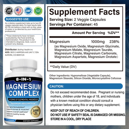 BODUNMSCA Magnesium Complex 8 in 1 – 1000mg for Relaxation, Sleep & Muscle Health | 180 Capsules