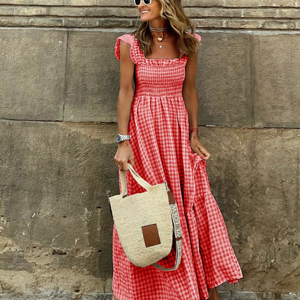 Summer Plaid Print Pleated Ruffle Dress INS Fashion Sleeveless A-line Swing Beach Dress Women's Clothing