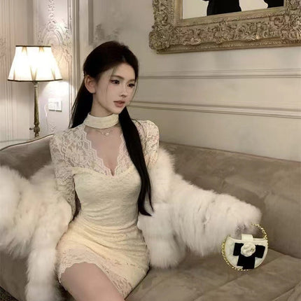 Halter Lace Dress Women's Autumn And Winter Hip-wrapped Figure Inner Skirt