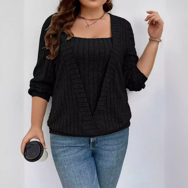 Solid Color Rib Fabric V-neck Long Sleeve False Two-piece Suit