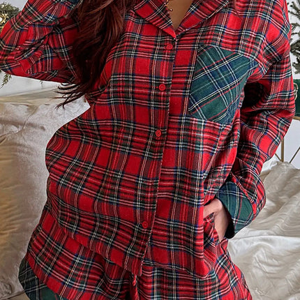 Red Plaid Contrast Patched Christmas Holiday Long Sleeve Shirt And Short 2pcs Pajama Set