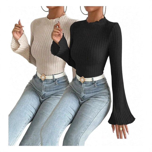 Long Sleeve Round Neck Brushed Sunken Stripe Solid Color Slim Fit Top