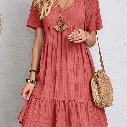 V-neck Short Sleeve Dress Summer Fashion Casual Loose Ruffled Dresses Beach Clothing Women