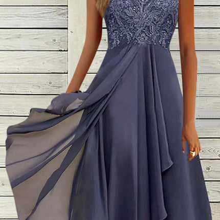 Women's Sleeveless Stitching Lace Hollow-out Chiffon Dress