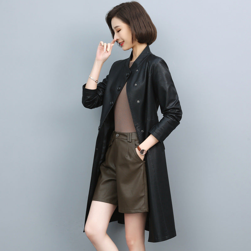 New Women Leather Trench Spring Turn-down Collar Solid Color Drawstring Loose Long Sheepskin Coat