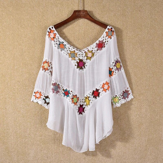 Amazon AliExpress Hot Selling Product Boho Hollow Out Hand Crocheting Flower Bikini Loose Beach Cover-up