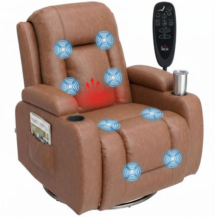 150 Degrees Reclining Heated Massage Armchair with Remote Control, PU Leather, Light Brown